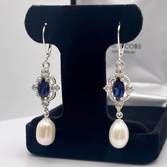 Genuine Pearls & Sapphire Earrings Sterling Silver Drop Dangle Pearl Earrings - Picture 3 of 3